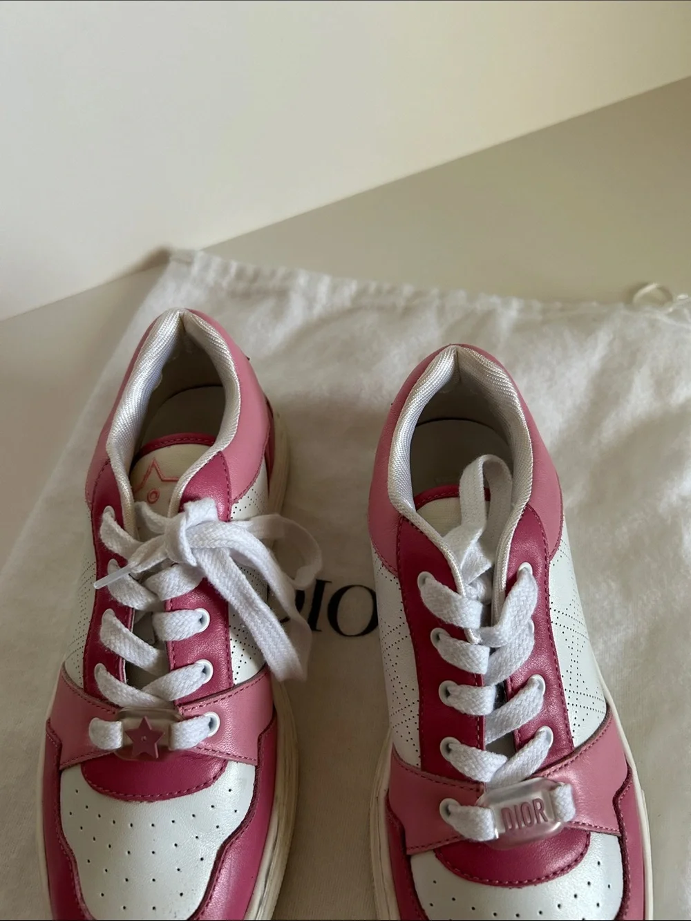 Dior White and Pink Low-Top Leather Sneakers